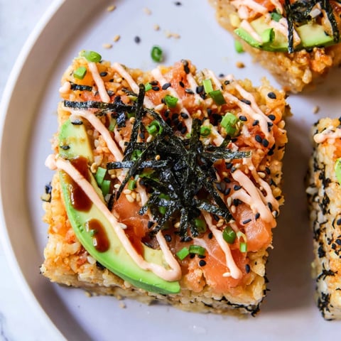 Golden, crispy rice forms the base for this savory Crispy Rice Salmon Stack.