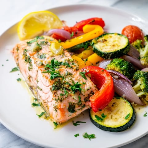 Flaky Salmon Sheet Pan Bake with roasted vegetables, a healthy and colorful dinner idea.