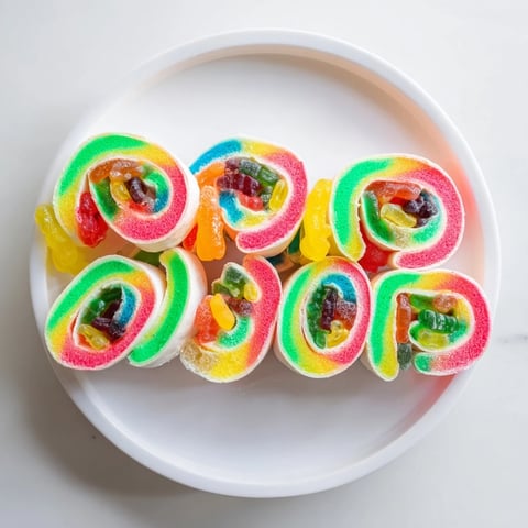 Rainbow Candy Roll Ups, vibrant fruit roll-ups curled with colorful gummy candies, ready to eat!