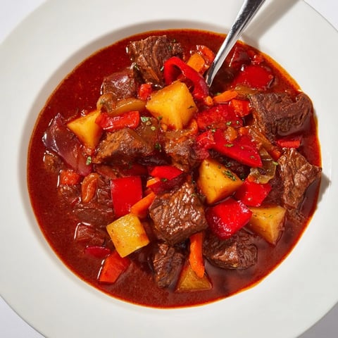 A steaming bowl of Hungarian Goulash Stew, showcasing tender beef and vibrant red peppers.