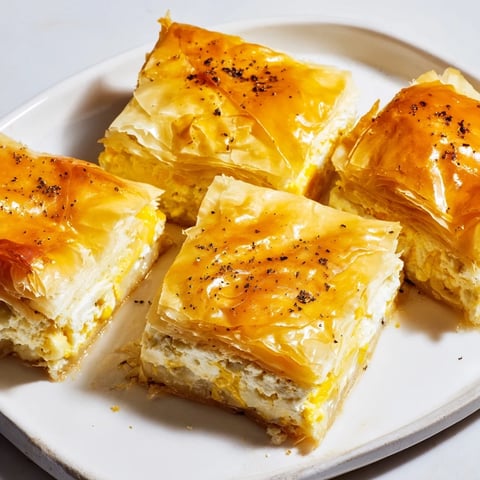 Golden, flaky Serbian Gibanica pie showcases layers of cheese, perfect for a savory appetizer.