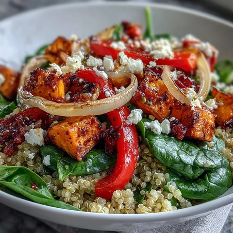 A vibrant Warm Salad Bowl with fluffy quinoa, roasted sweet potatoes, and wilting spinach in a warm vinaigrette.
