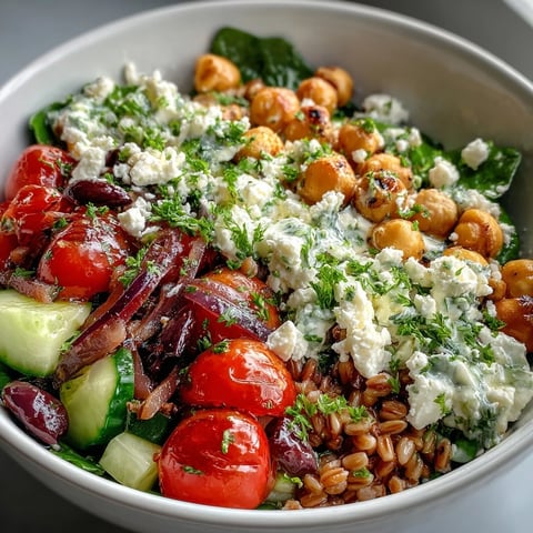 A colorful Mediterranean Farro Bowl topped with feta, chickpeas, and fresh herbs, drizzled with creamy tahini dressing.