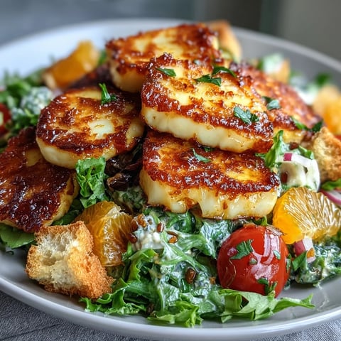 Crispy golden-fried halloumi and juicy blood orange segments on a bed of fresh greens, ready to serve.