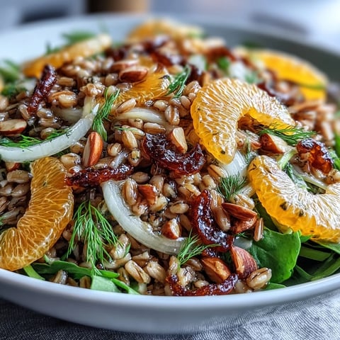 A vibrant Farro Salad Bowl with Fennel, Oranges & Almonds featuring toasted almonds on fluffy grains.