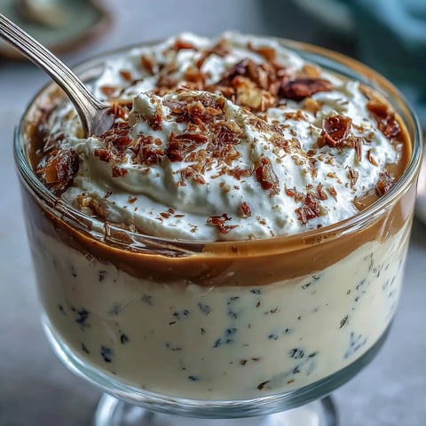 Chilled Hojicha Pudding topped with whipped cream and cocoa powder in a glass.