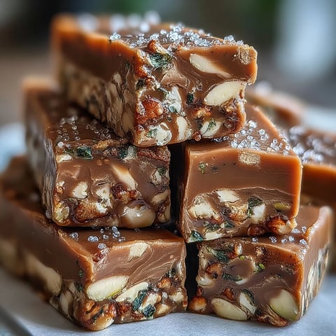 Golden-brown Hojicha Nougat squares studded with chopped almonds and pistachios, showcased on a rustic wooden board.