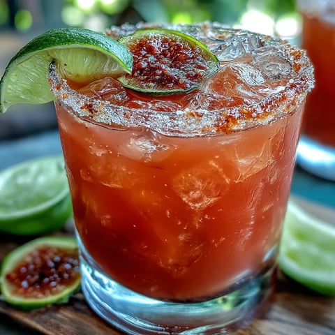 A glass of the Best Guava Margarita with a Tajín rim and lime wheel, filled with ice and a vibrant pink hue.