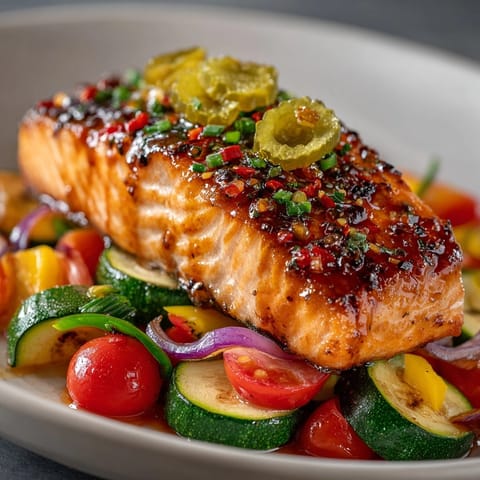 Sheet pan Pickle-Twist Salmon & Veggies: flaky fish and tender, caramelized vegetables.