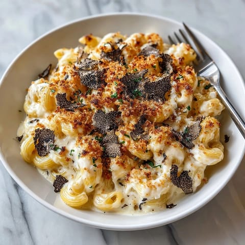 Indulgent Truffle Mushroom Rococo Mac and Cheese recipe: rich, decadent pasta bake with earthy aroma.