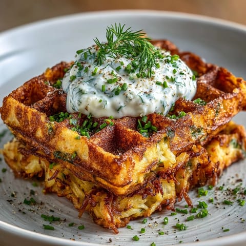 Close-up of airy Vegan Pickle Hash Brown Waffles; enjoy a delicious brunch recipe.