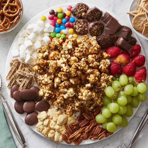 Indulgent caramel popcorn centerpiece with chocolates, nuts, and fresh strawberries for sharing.  
