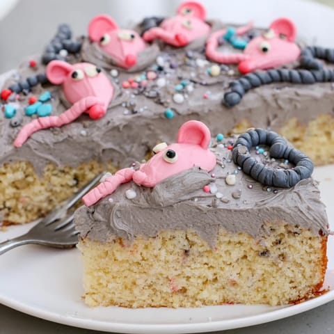 Delightful Rat Cake Birthday Sheet Bake, featuring vibrant frosting and whimsical candy accents.  