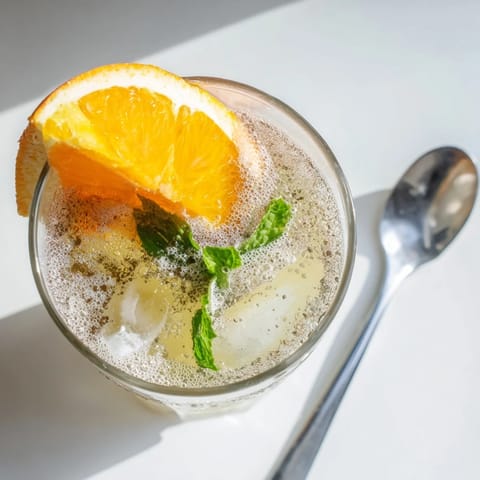 Lightly sparkling probiotic soda mocktail served over ice with orange slices.  