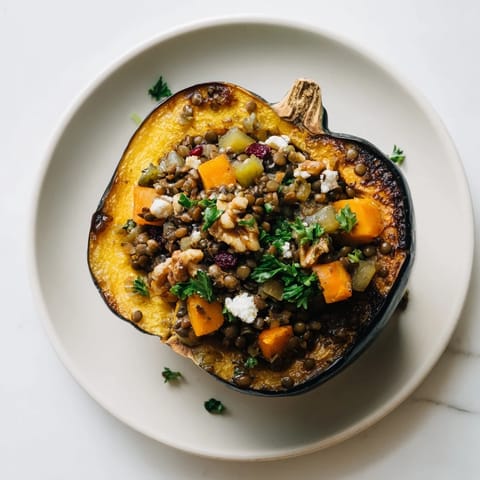Hearty acorn squash halves overflowing with flavorful lentils and walnuts, a perfect, festive dish.