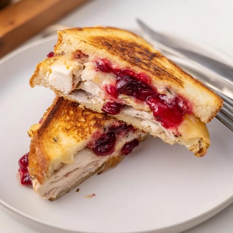 Spicy jalapeño slices peek out from this air fryer turkey grilled cheese with cranberry filling.