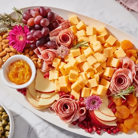 This festive Holiday Bow Appetizer Platter features a stunning arrangement of foods perfect for holiday entertaining.