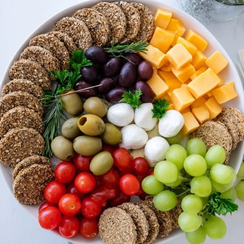 Beautiful holiday Jingle Bell Cheese & Cracker Wreath appetizer with inviting flavors, perfect for sharing.