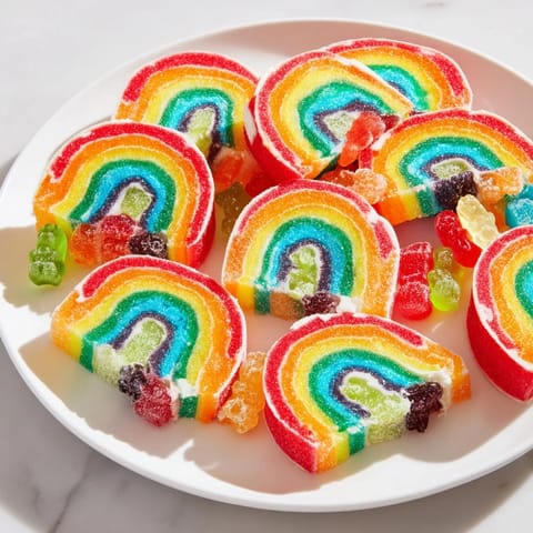 Close-up of Rainbow Candy Roll Ups shows a cross-section of colorful roll-ups and candy pinwheels.