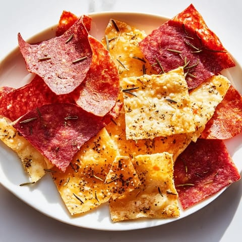 Golden, baked charcuterie chips piled high, creating a delightful, low-carb snack experience.