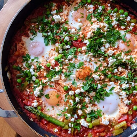 Vibrant Pea and Broad Bean Shakshuka bubbling in a skillet with fresh herbs and a lemon wedge on the side.
