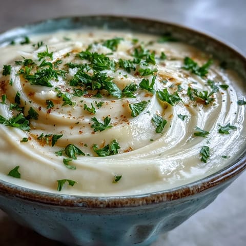 A bowl of White Bean and Parmesan Soup topped with fresh parsley and extra Parmesan, served with crusty bread. 