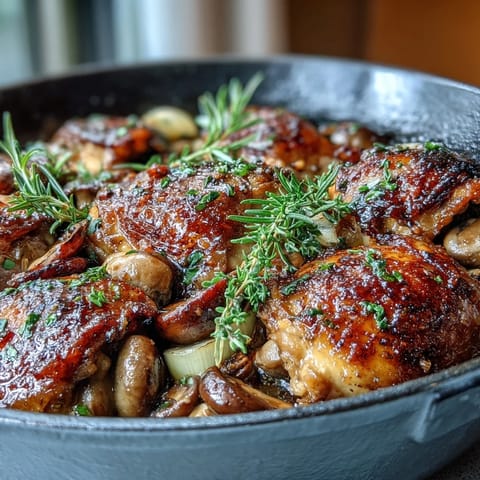 Tender chicken thighs braised in rosé wine, served with mushrooms and herbs in a creamy sauce.