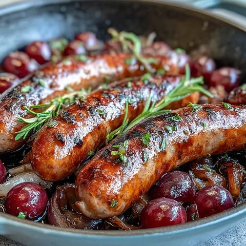 Roasted Sausage and Grapes bubbling in a baking dish, with caramelized onions and sprigs of rosemary for a cozy fall dinner.