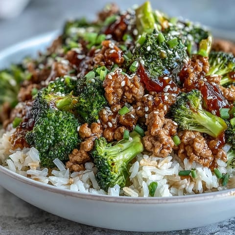 Garnished with sesame seeds and green onion, this savory and sweet turkey bowl showcases tender broccoli and saucy ground turkey over a bed of fluffy brown rice.
