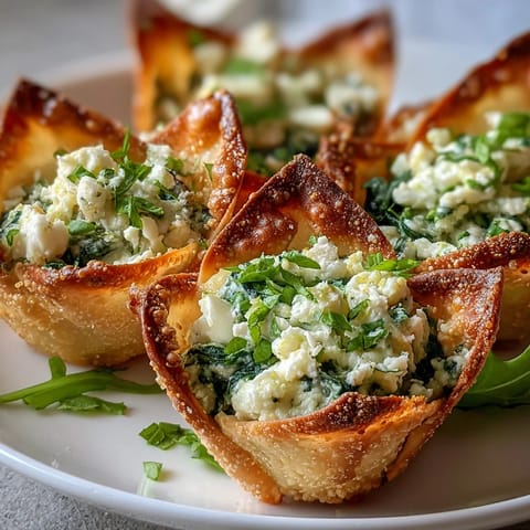 Golden Mediterranean Spinach and Feta Cheese Crisps nestled in a mini muffin tin, showcasing crispy wonton edges and vibrant green filling.