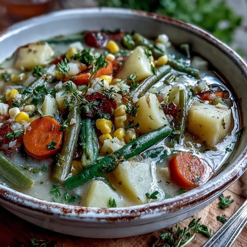 Creamy Amish Snow Day Soup with tender vegetables, served hot in a rustic bowl with fresh parsley.