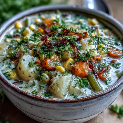 Hearty Amish Snow Day Soup simmering with carrots, potatoes, and thyme, ready to ladle from the pot.