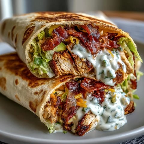 Freshly made Crispy Chicken Bacon Wrap topped with creamy avocado slices and a drizzle of tangy sauce.