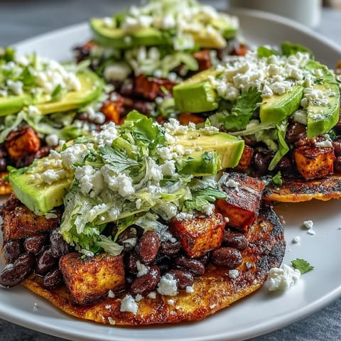 Roasted sweet potatoes and limey black beans top golden tostada shells in this easy, vegetarian Mexican-inspired meal. 