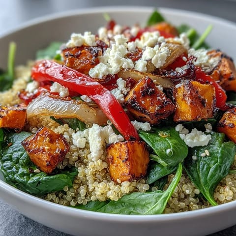 Sunlit Warm Salad Bowl featuring roasted bell peppers, zucchini, and onions over grains, topped with crumbled feta and seeds.