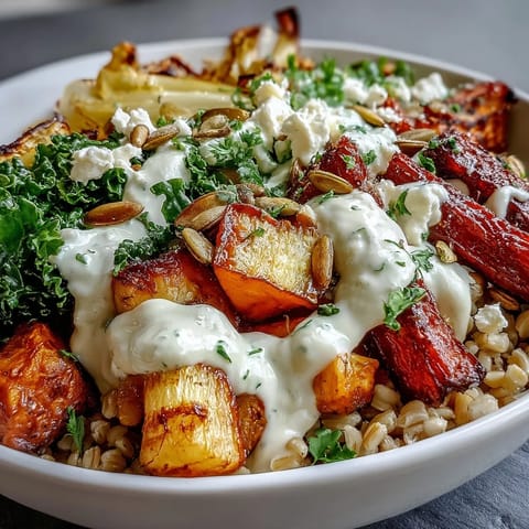 Hearty Winter Grain Bowl with golden roasted carrots, parsnips, and sweet potatoes, topped with toasted pumpkin seeds and fresh parsley.