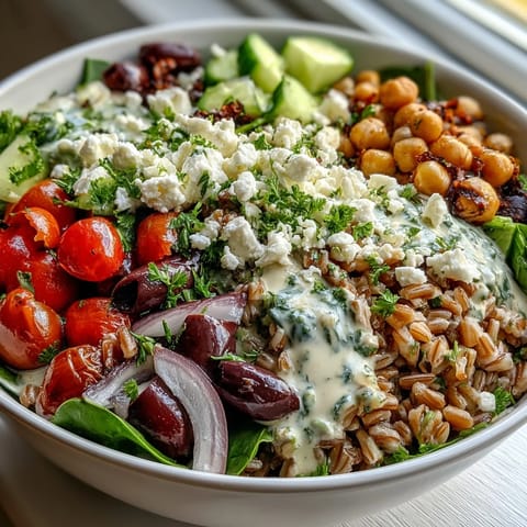 Hearty Mediterranean Farro Bowl with fluffy farro, spinach, olives, and roasted vegetables, ready for a healthy lunch.