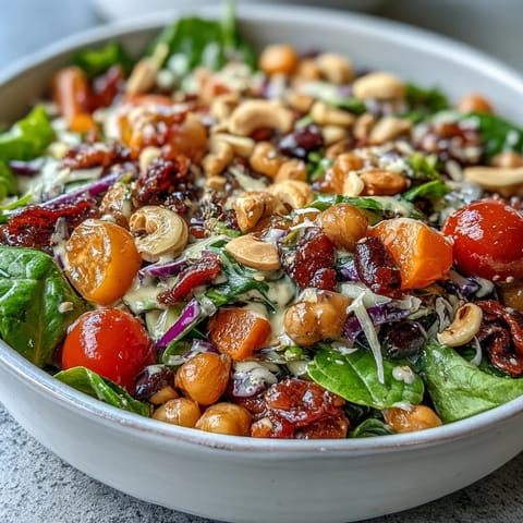 Bright, colorful Rainbow Salad Bowl with fresh cherry tomatoes, purple cabbage, and shredded carrots, tossed with quinoa, chickpeas, and crunchy cashews.