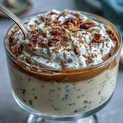 Chilled Hojicha Pudding topped with whipped cream and cocoa powder in a glass.