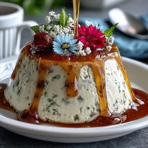 Creamy honey lavender panna cotta with delicate floral notes, served in elegant glasses with fresh edible flowers.