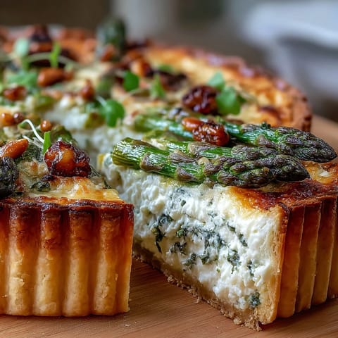 Flaky puff pastry tart topped with fresh spring asparagus, creamy cheese, and herbs—a vibrant vegetarian appetizer.