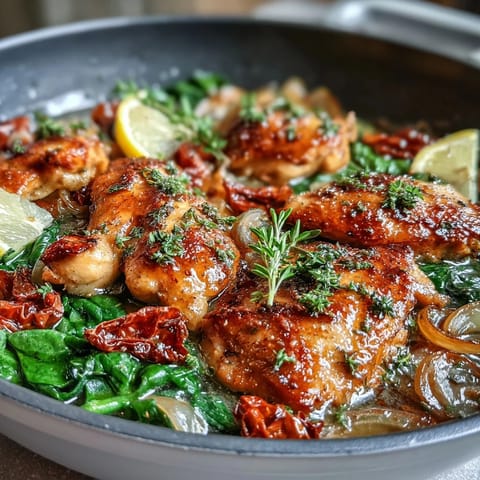 Creamy One-Pot Lemon Orzo with tender chicken and wilted spinach in a bright, citrusy sauce.  