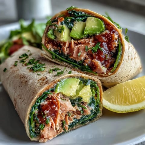 Healthy Easy 5-Ingredient Avocado Tuna Wraps with fresh spinach and creamy avocado filling wrapped in whole wheat tortillas.