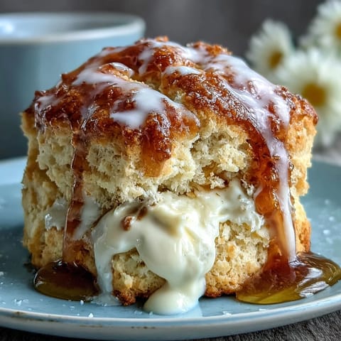 Spring Brunch Dandelion Honey Scones with Clotted Cream: Tender, golden scones infused with floral dandelion petals and drizzled with honey, served warm with clotted cream.