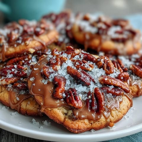 Golden-brown butter pecan cookies with toasted pecans and a sprinkle of flaky sea salt, perfect for holiday baking or gifting.
