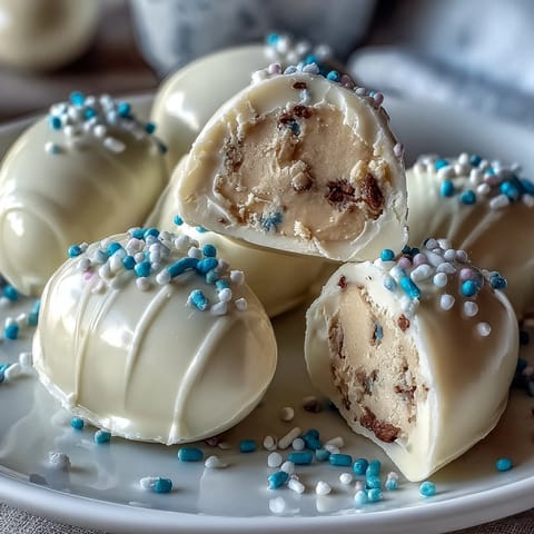 Creamy peanut butter filling enrobed in smooth white chocolate and topped with vibrant Easter sprinkles.