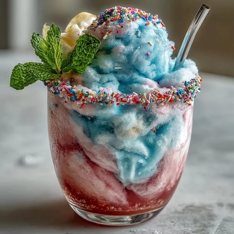 A colorful Cotton Candy Lemonade Float with pink cotton candy, vanilla ice cream, and fresh mint garnish in a tall glass.