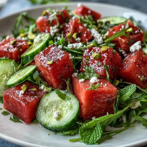 Fresh watermelon and arugula salad with creamy feta, mint, and a tangy lime vinaigrette for a vibrant summer dish.  