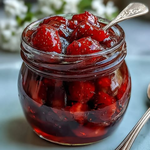 Bright, homemade cottagecore strawberry jam made with ripe strawberries and vanilla, ideal for spreading on warm toast or scones.