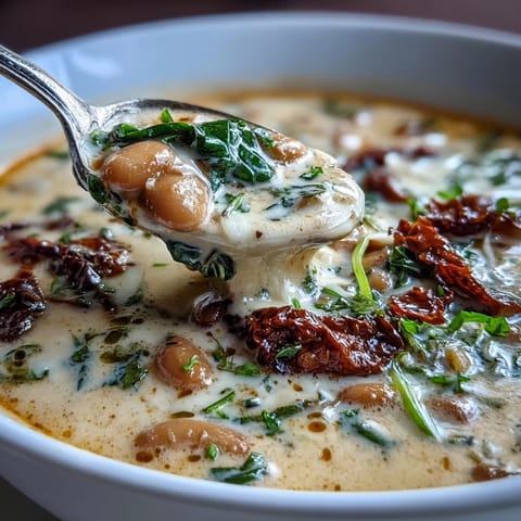 Creamy Tuscan White Bean Soup with spinach and sun-dried tomatoes in a rustic bowl, garnished with fresh basil leaves.